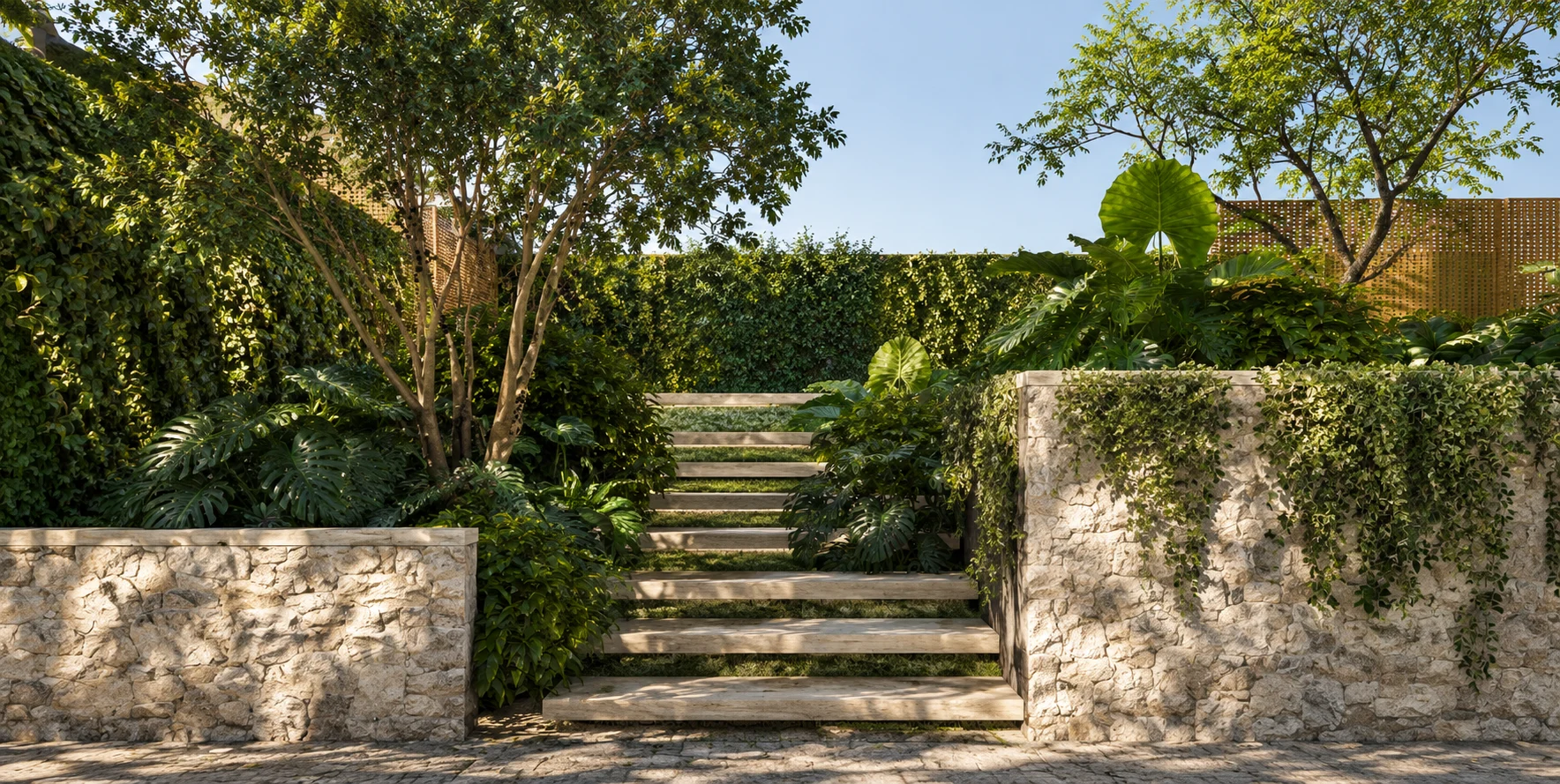 Entrada da Casa CT: escada em pedra entre vegetação e muros de travertino.
