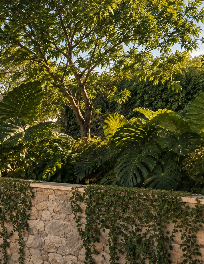 Vegetação e encontro dos planos de pedra na entrada da Casa CT.