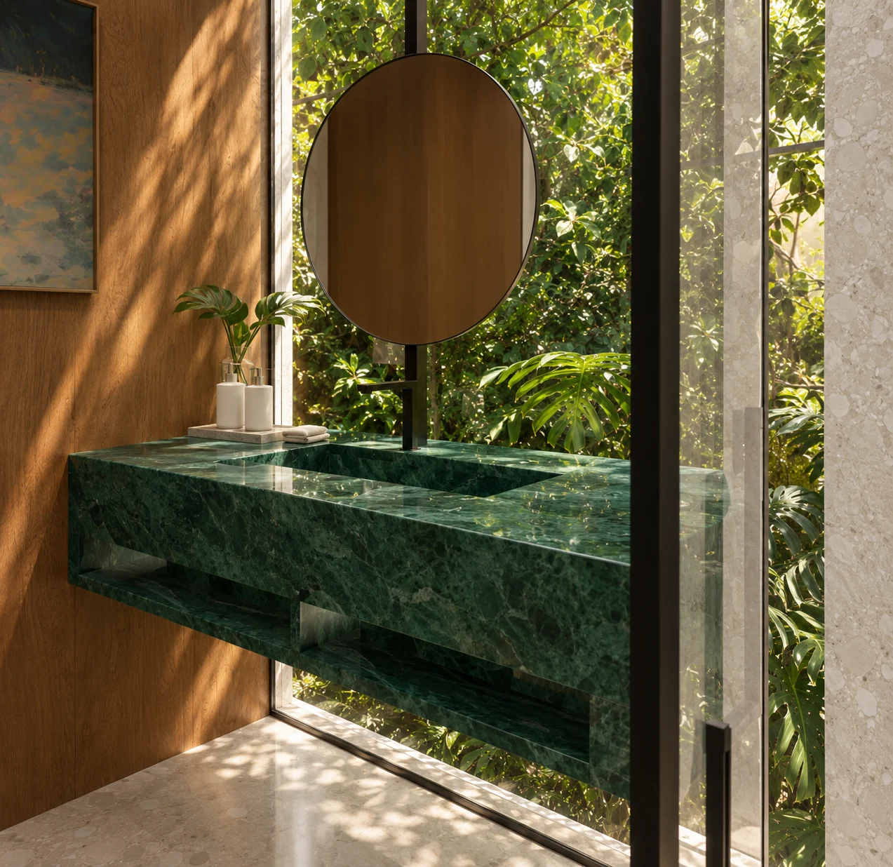 Bancada de pedra verde, espelho e marcenaria do Wc Jardim Íntimo.